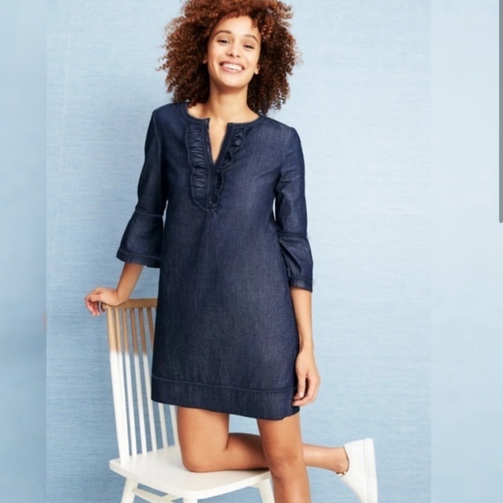 Draper James Chambray Ruffle Shift Dress Mini in Dark Wash 100% Cotton 18